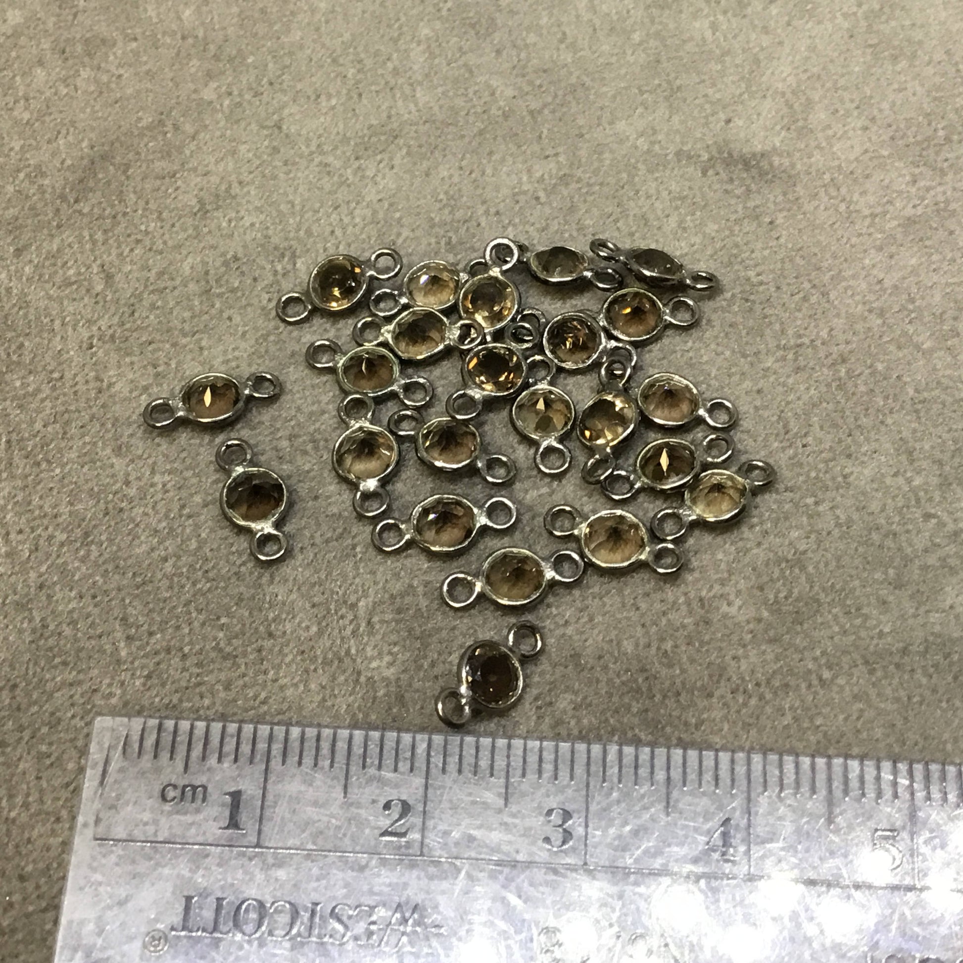 BULK PACK of Six (6) Gunmetal Sterling Silver Pointed/Cut Stone Faceted Round/Coin Shaped Smoky Quartz Bezel Connectors - Measuring 4 x 4mm