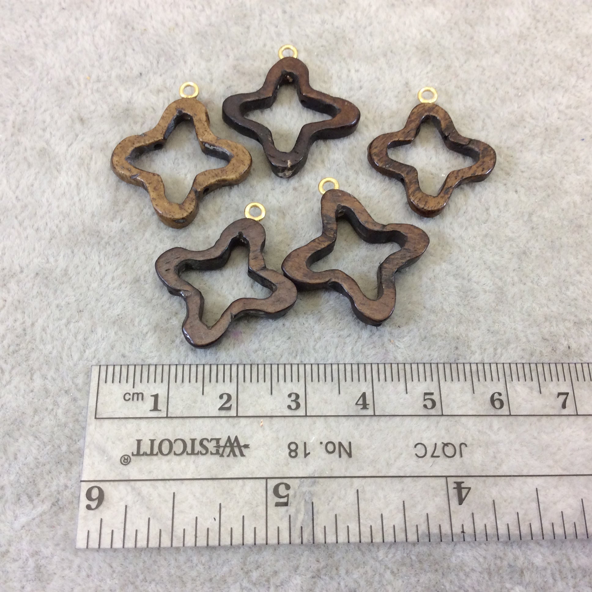 Extra Small Medium Brown Open Quatrefoil Shape Natural Ox Bone Focal Pendant W Attached Gold Suspension Ring  ~ 23mm x 23mm - Sold Per Each