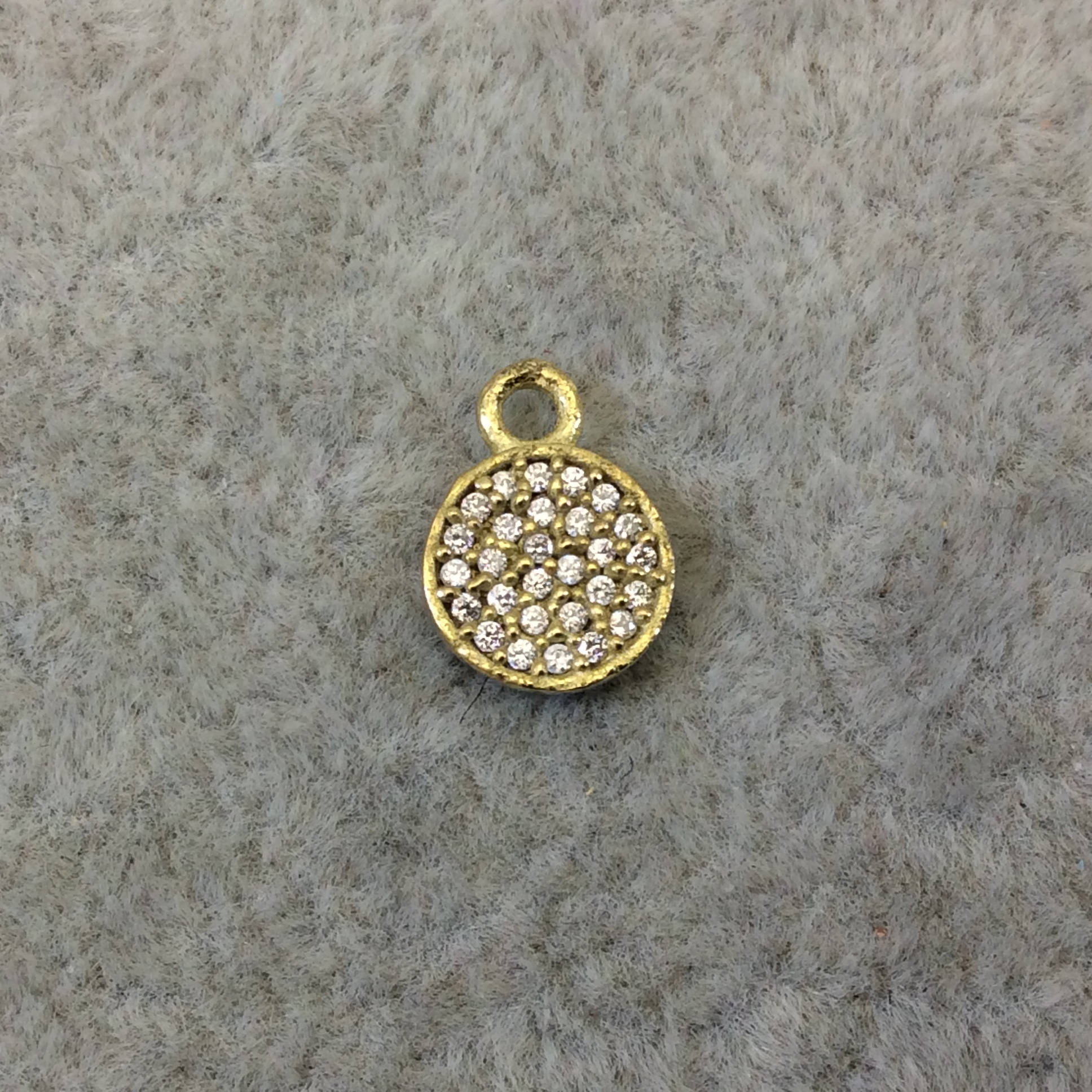 Tiny Gold Finish Round/Coin Shaped CZ Cubic Zirconia Inlaid Plated Copper Pendant Component - Measuring 7mm x 7mm  - Sold Individually