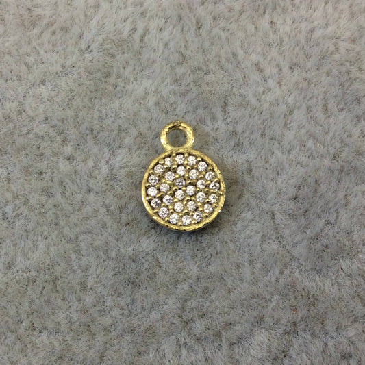 Tiny Gold Finish Round/Coin Shaped CZ Cubic Zirconia Inlaid Plated Copper Pendant Component - Measuring 7mm x 7mm  - Sold Individually