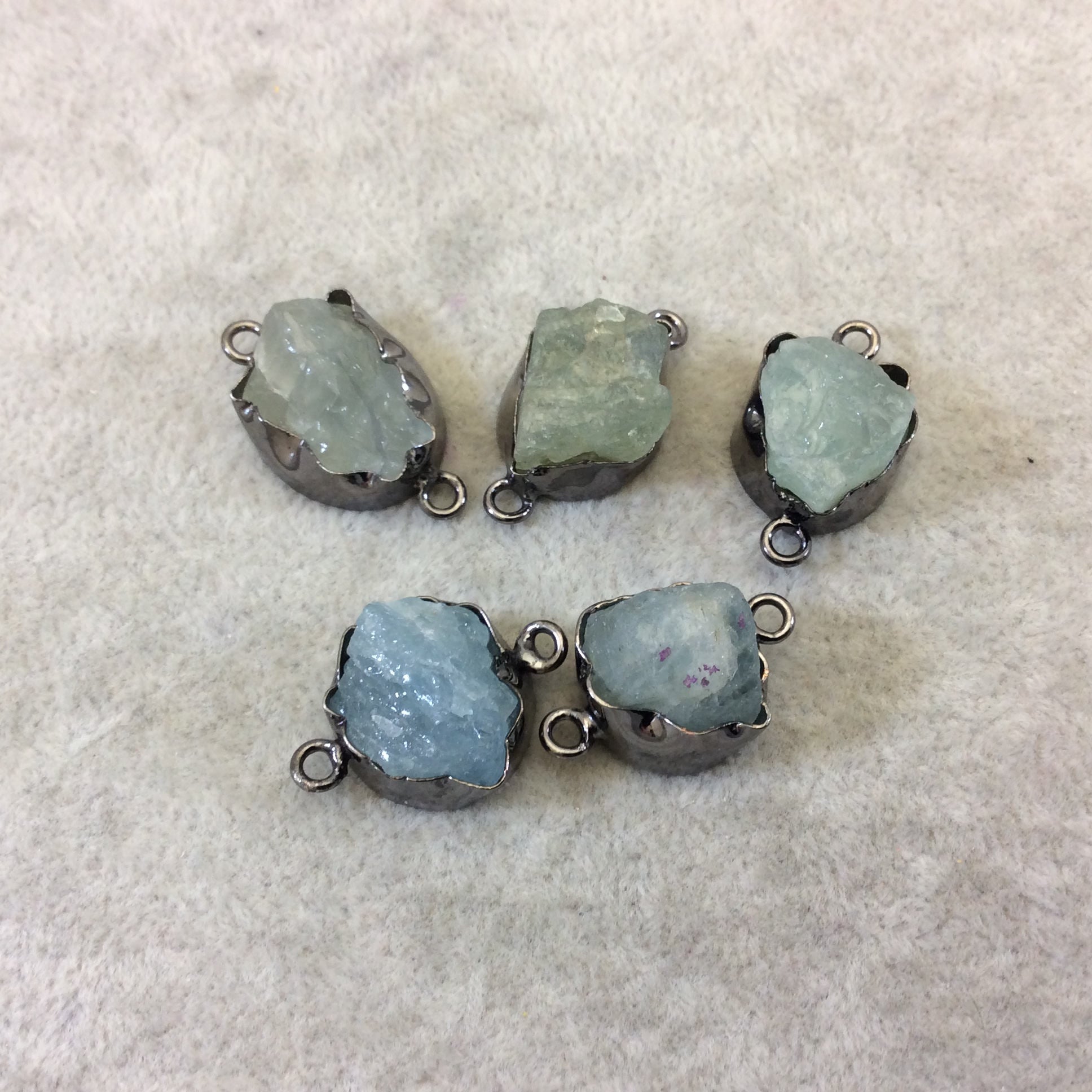 Gunmetal Finish Medium Raw Nugget Genuine Aquamarine Wavy Bezel Connector  ~ 16mm - 20mm Long - Sold Individually, Selected Randomly