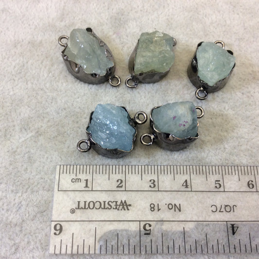Gunmetal Finish Medium Raw Nugget Genuine Aquamarine Wavy Bezel Connector  ~ 16mm - 20mm Long - Sold Individually, Selected Randomly