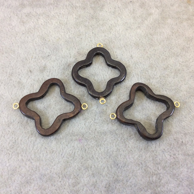 Small Dark Brown Open Quatrefoil Shaped Natural Ox Bone Focal Connector W Attached Gold Suspension Rings - Measures 30mm x 30mm, Approx.