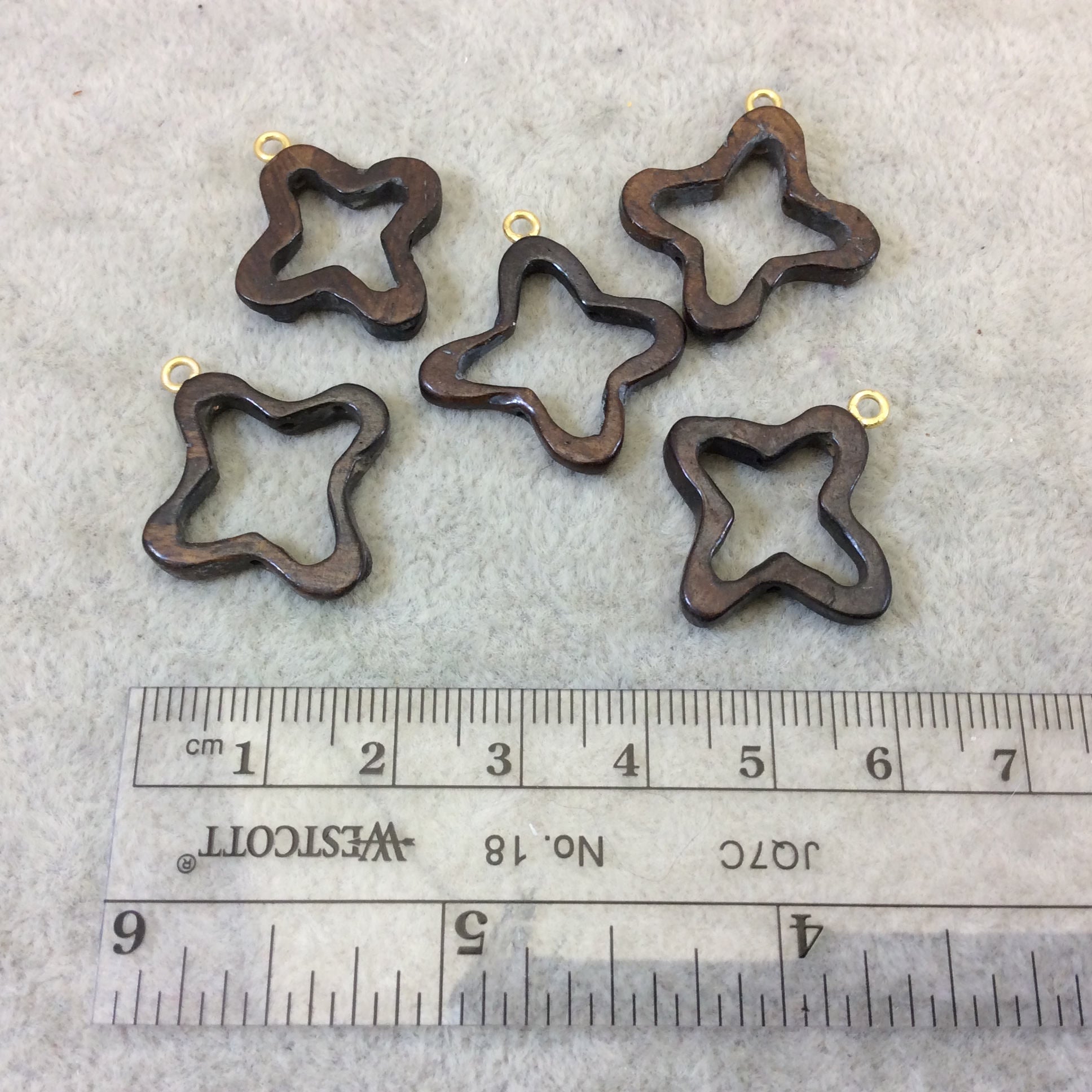 Extra Small Dark Brown Open Quatrefoil Shaped Natural Ox Bone Focal Pendant W Attached Gold Suspension Ring - Measuring 23mm x 23mm, Approx.