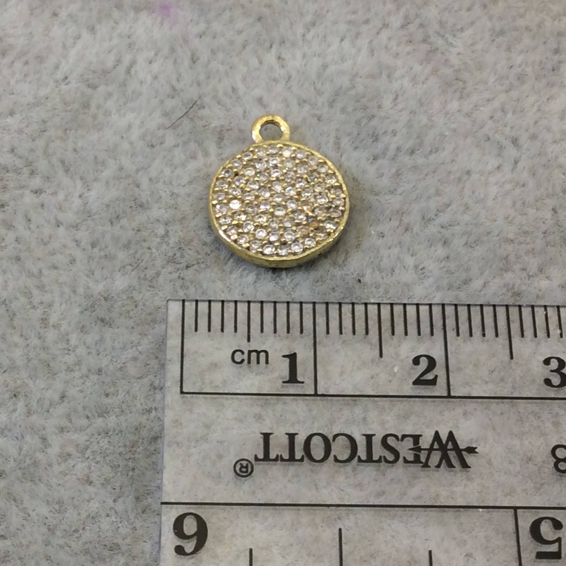 Tiny Gold Finish Round/Coin Shaped CZ Cubic Zirconia Inlaid Plated Copper Pendant Component - Measuring 11mm x 11mm  - Sold Individually