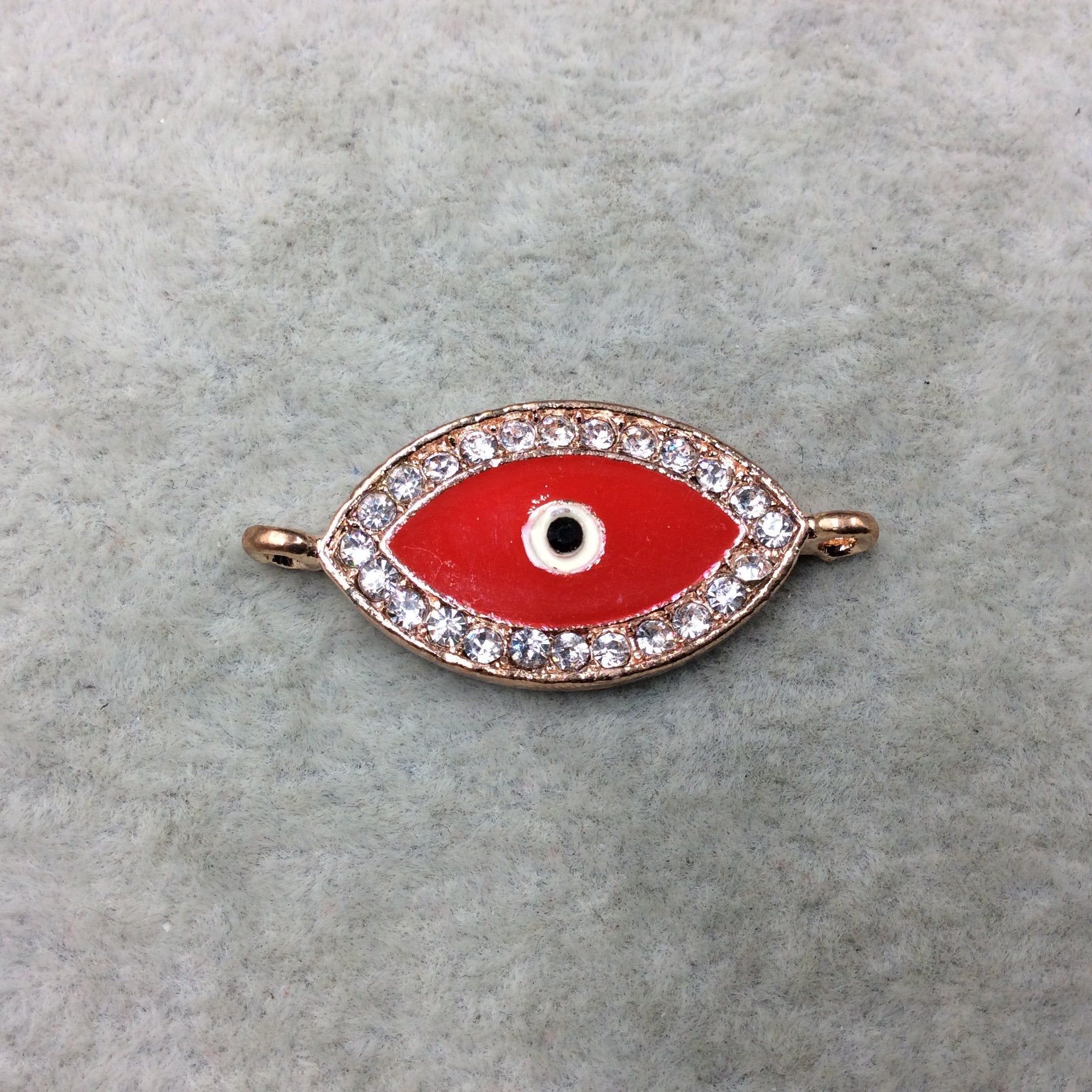 Medium Red Enameled Rose Gold Plated Copper Rhinestone Inlaid Evil Eye Shaped Focal Connector - Measuring 15mm x 25mm, Approximately