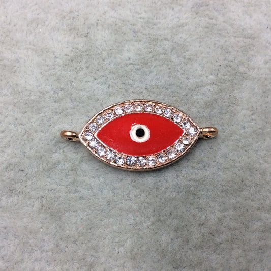 Medium Red Enameled Rose Gold Plated Copper Rhinestone Inlaid Evil Eye Shaped Focal Connector - Measuring 15mm x 25mm, Approximately