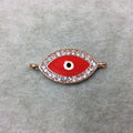 Medium Red Enameled Rose Gold Plated Copper Rhinestone Inlaid Evil Eye Shaped Focal Connector - Measuring 15mm x 25mm, Approximately