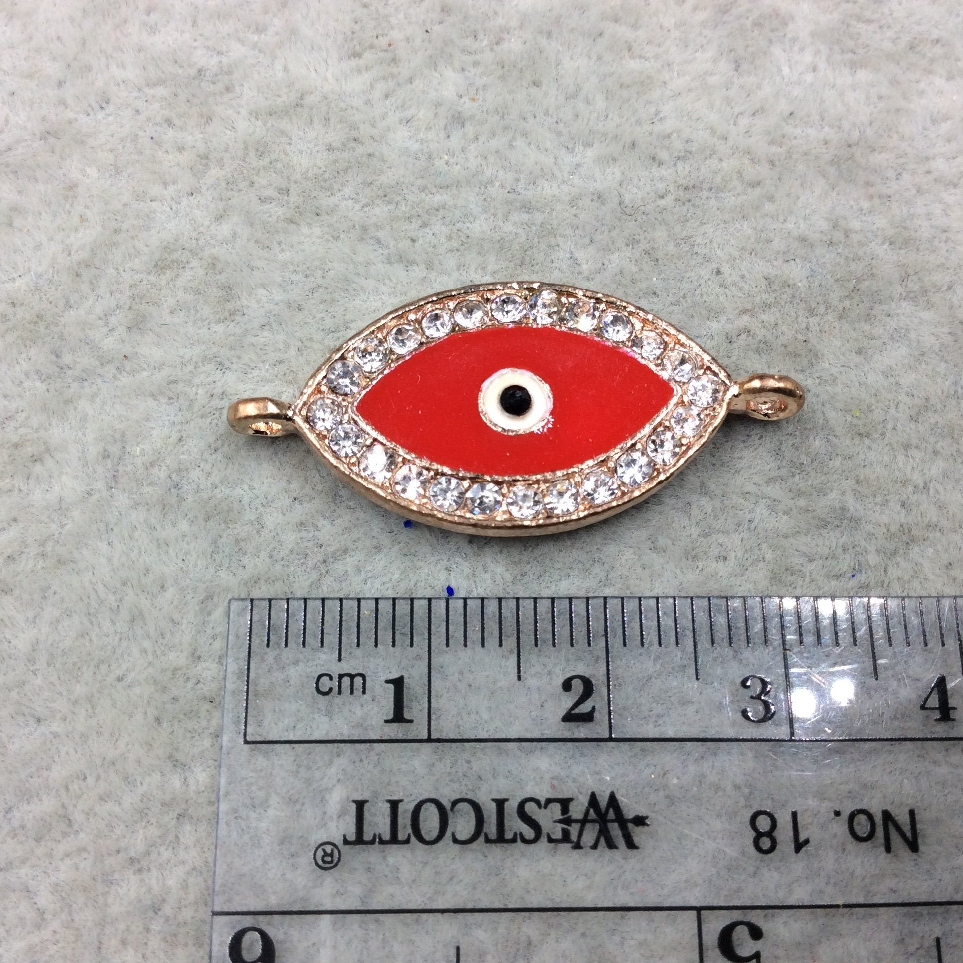 Medium Red Enameled Rose Gold Plated Copper Rhinestone Inlaid Evil Eye Shaped Focal Connector - Measuring 15mm x 25mm, Approximately