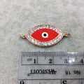 Medium Red Enameled Rose Gold Plated Copper Rhinestone Inlaid Evil Eye Shaped Focal Connector - Measuring 15mm x 25mm, Approximately