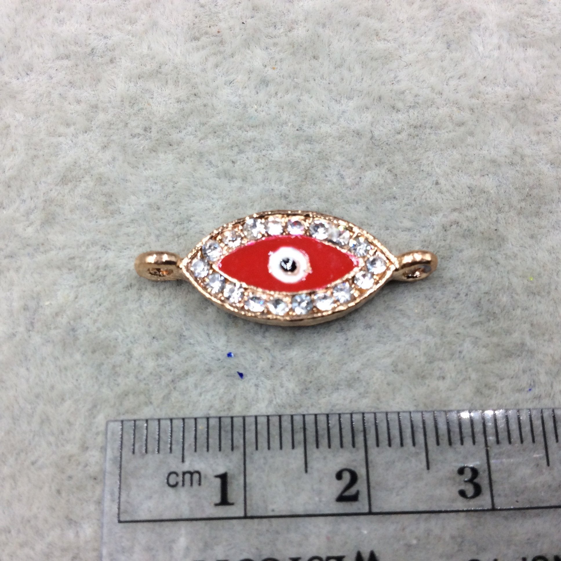 Small Red Enameled Rose Gold Plated Copper Rhinestone Inlaid Evil Eye Shaped Focal Connector - Measuring 10mm x 18mm, Approximately