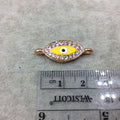 Small Yellow Enameled Rose Gold Plated Copper Rhinestone Inlaid Evil Eye Shaped Focal Connector - Measuring 10mm x 18mm, Approximately