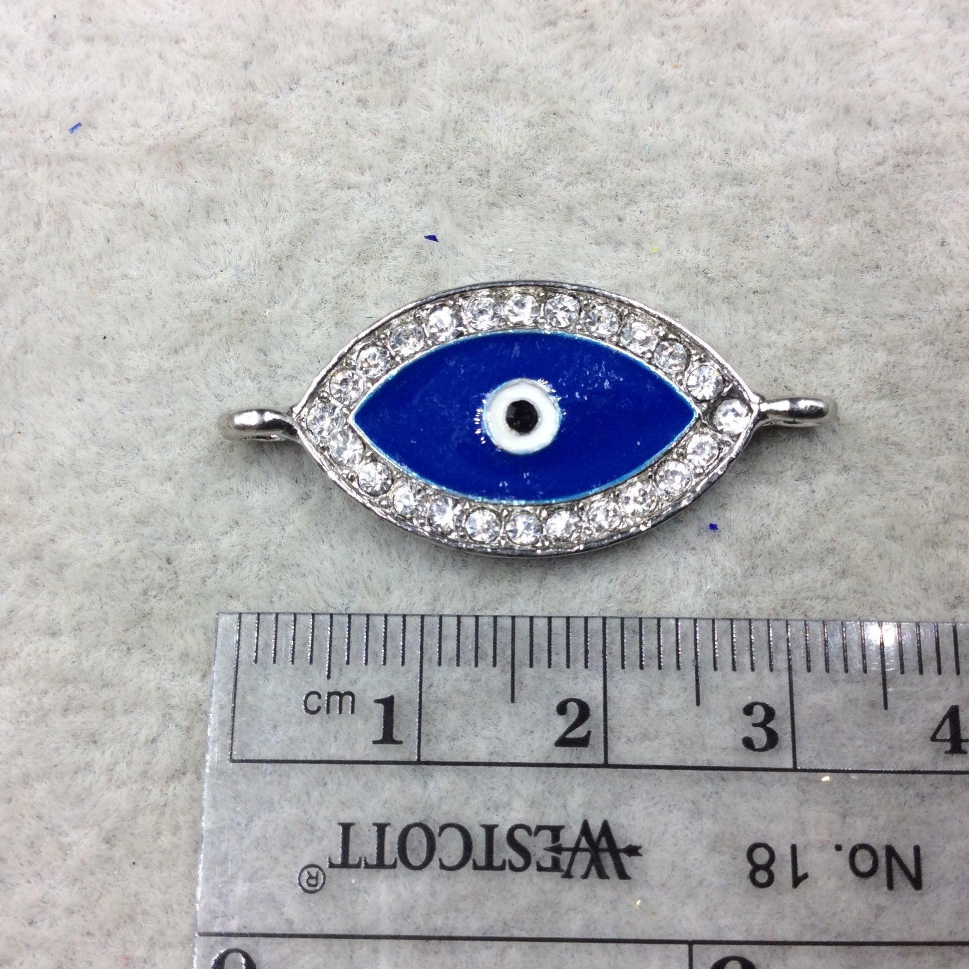Medium Blue Enameled Silver Plated Copper Rhinestone Inlaid Evil Eye Shaped Focal Connector - Measuring 15mm x 25mm, Approximately