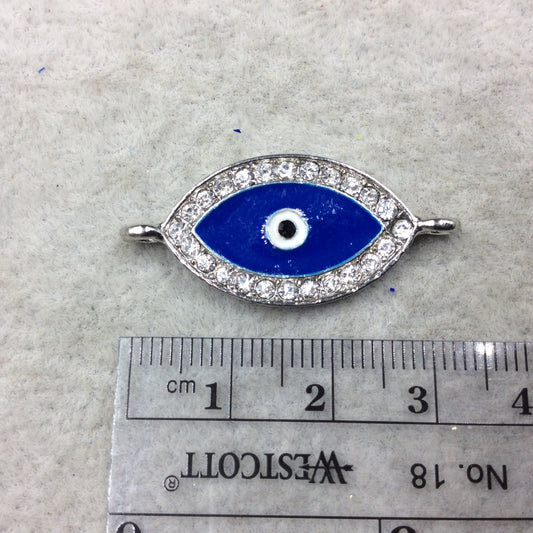 Medium Blue Enameled Silver Plated Copper Rhinestone Inlaid Evil Eye Shaped Focal Connector - Measuring 15mm x 25mm, Approximately