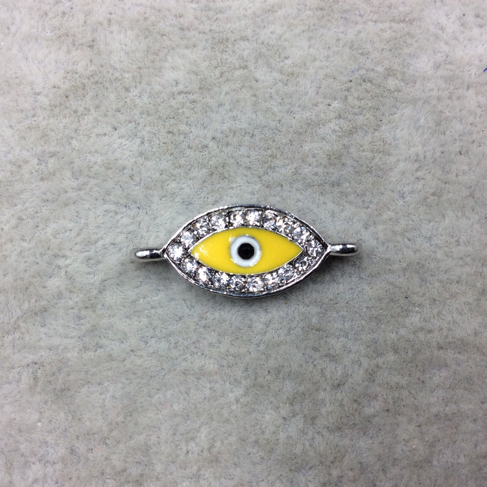 Small Yellow Enameled Silver Plated Copper Rhinestone Inlaid Evil Eye Shaped Focal Connector - Measuring 10mm x 18mm, Approximately