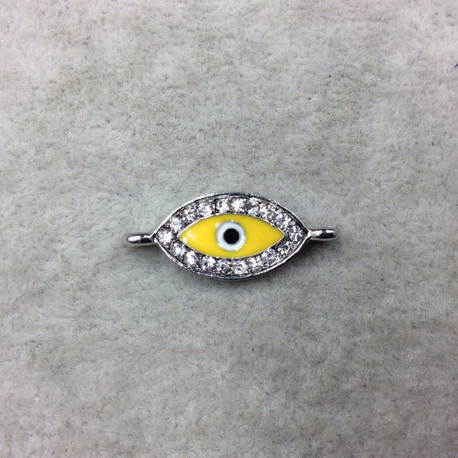 Small Yellow Enameled Silver Plated Copper Rhinestone Inlaid Evil Eye Shaped Focal Connector - Measuring 10mm x 18mm, Approximately