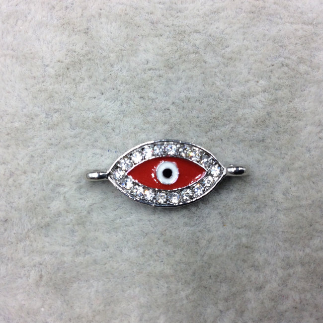 Small Red Enameled Silver Plated Copper Rhinestone Inlaid Evil Eye Shaped Focal Connector - Measuring 10mm x 18mm, Approximately