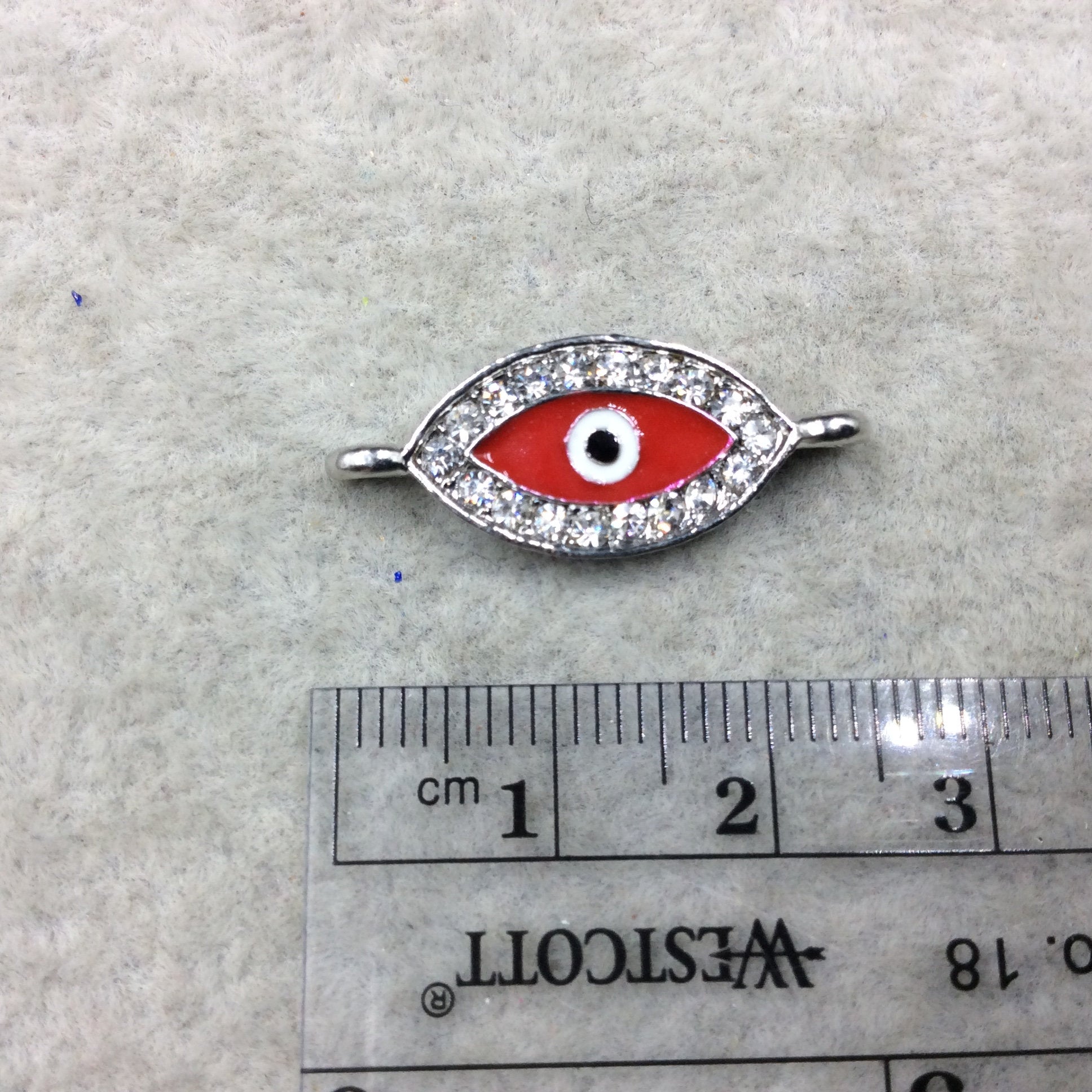 Small Red Enameled Silver Plated Copper Rhinestone Inlaid Evil Eye Shaped Focal Connector - Measuring 10mm x 18mm, Approximately