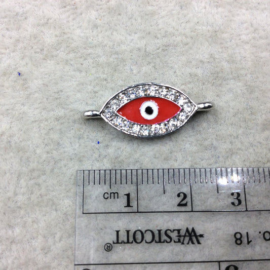 Small Red Enameled Silver Plated Copper Rhinestone Inlaid Evil Eye Shaped Focal Connector - Measuring 10mm x 18mm, Approximately