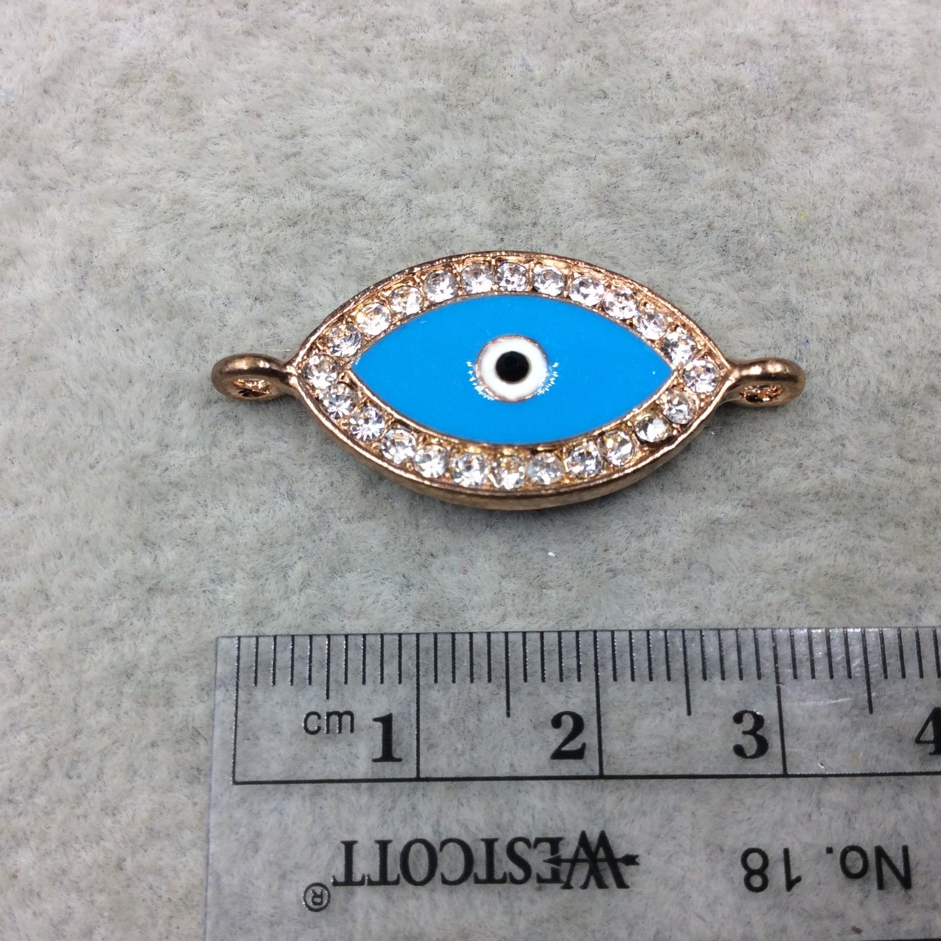 Medium Sky Blue Enameled Rose Gold Plated Copper Rhinestone Inlaid Evil Eye Shaped Focal Connector - Measuring 15mm x 25mm, Approximately