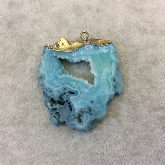 OOAK Rustic Brass Electroplated Aqua/Pale Aqua Druzy Solar Quartz Freeform Focal Pendant "SQP-12" -  Measuring 45mm x 45mm Approximately
