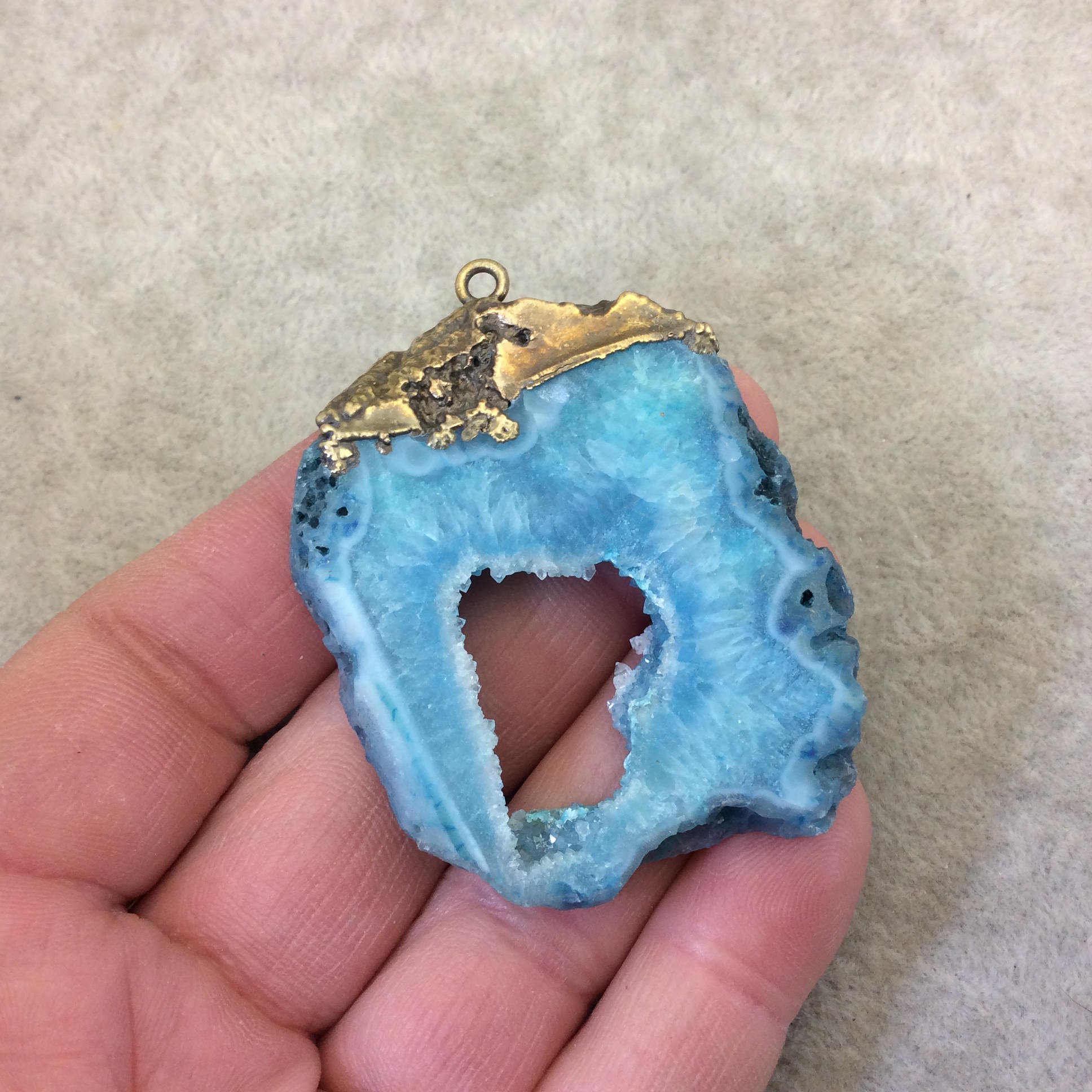 OOAK Rustic Brass Electroplated Aqua/Pale Aqua Druzy Solar Quartz Freeform Focal Pendant "SQP-11" -  Measuring 40mm x 40mm Approximately