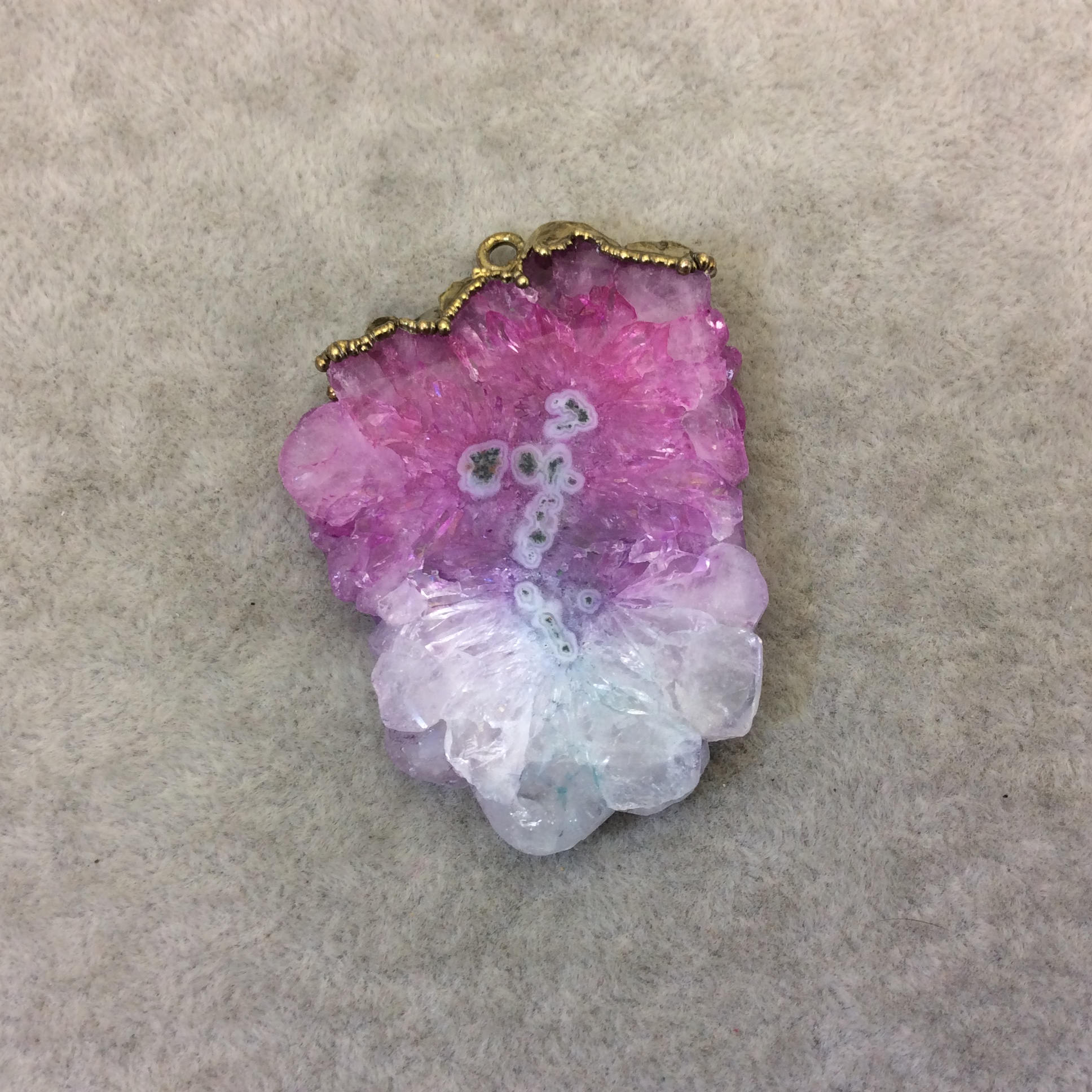 OOAK Rustic Brass Electroplated White/Pink/Green Druzy Solar Quartz Freeform Focal Pendant "SQP-6" -  Measuring 40mm x 50mm Approximately