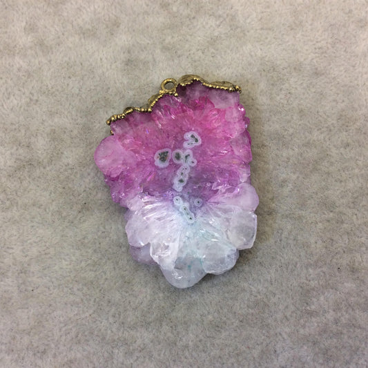 OOAK Rustic Brass Electroplated White/Pink/Green Druzy Solar Quartz Freeform Focal Pendant "SQP-6" -  Measuring 40mm x 50mm Approximately