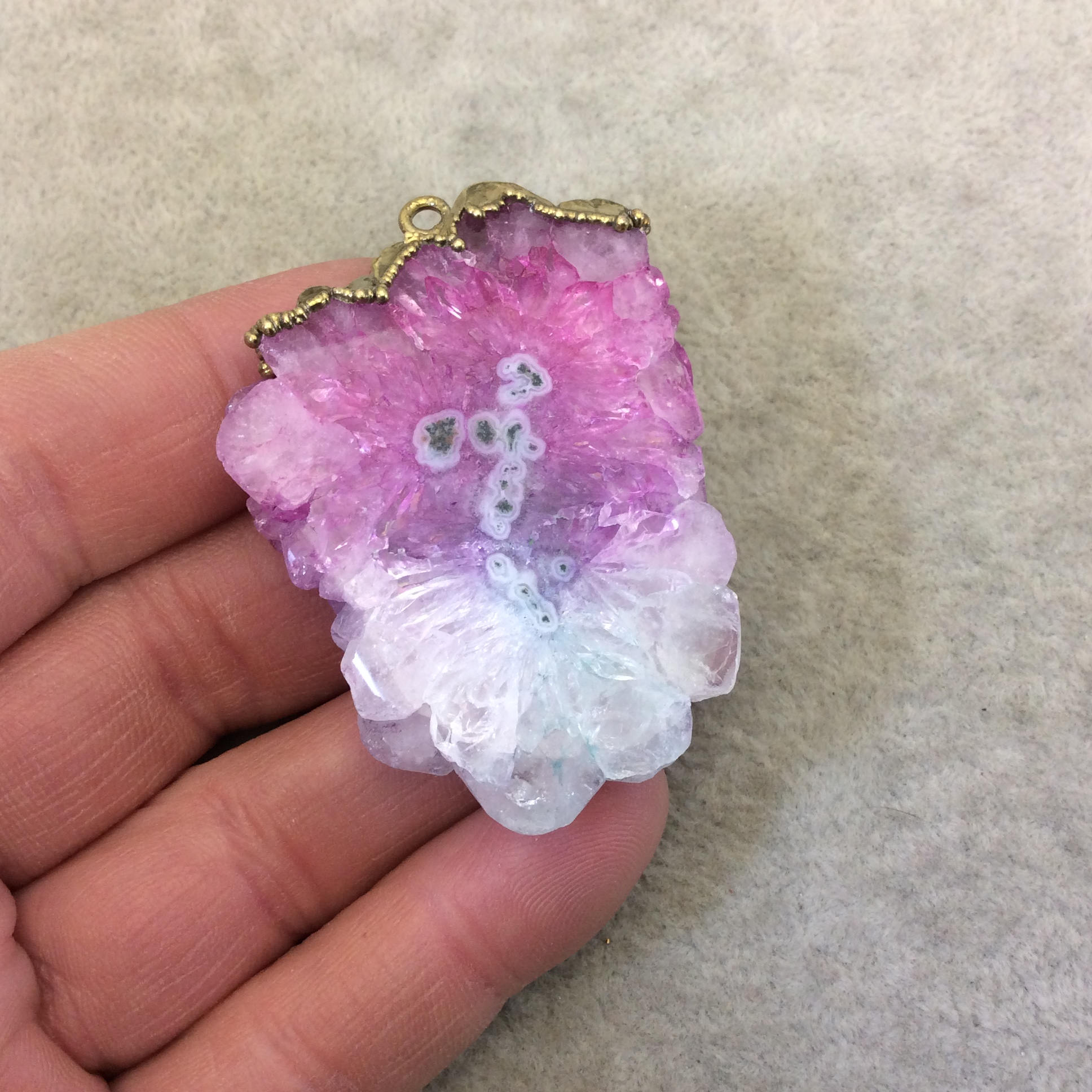 OOAK Rustic Brass Electroplated White/Pink/Green Druzy Solar Quartz Freeform Focal Pendant "SQP-6" -  Measuring 40mm x 50mm Approximately