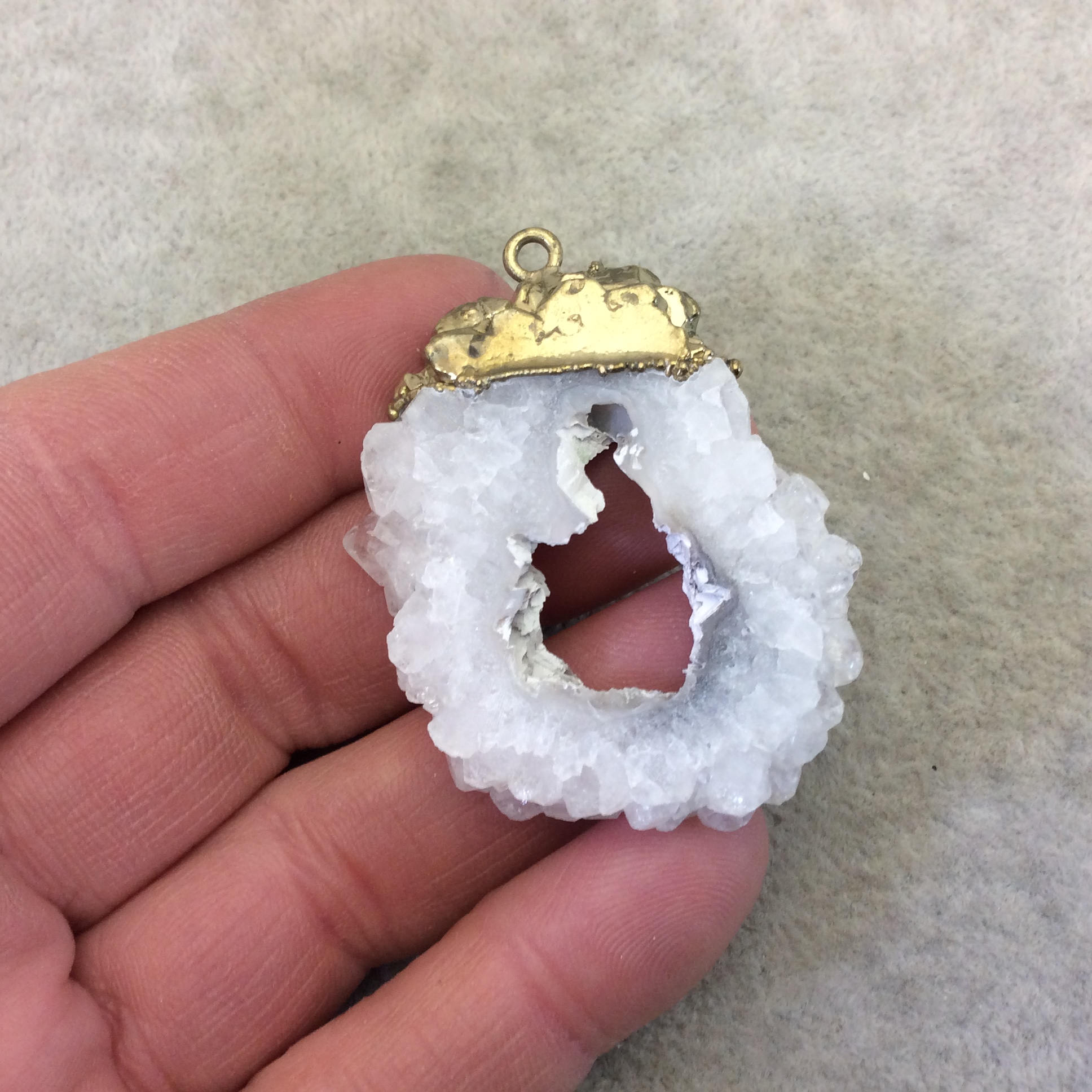 OOAK Rustic Brass Electroplated White/Green Druzy Solar Quartz Freeform Focal Pendant "SQP-3"- Measuring 38mm x 40mm Approximately