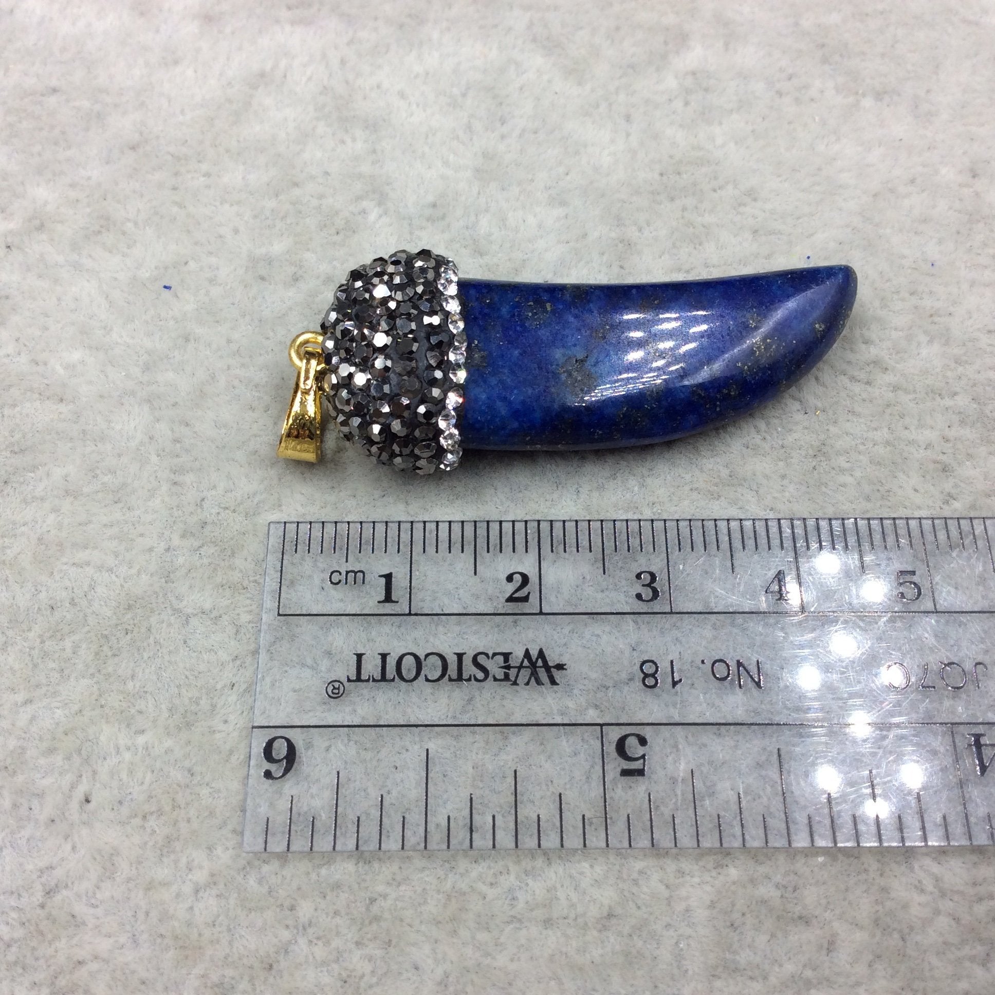 Rhinestone Encrusted Tusk/Claw Shaped Mottled Blue/Black Lapis Lazuli Pendant W Gold Bail -  ~ 19mm x 43mm, Approx. - Sold Individually