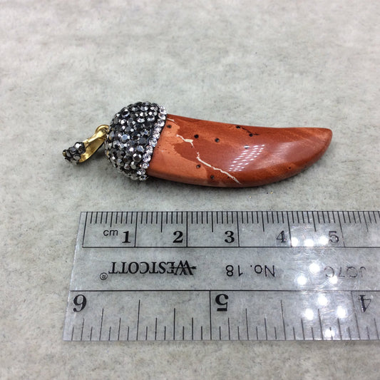 Rhinestone Encrusted Tusk/Claw Shaped Mottled Red Jasper Pendant W Rhinestone Bail  ~ 19mm x 43mm, Approx. - Sold Individually