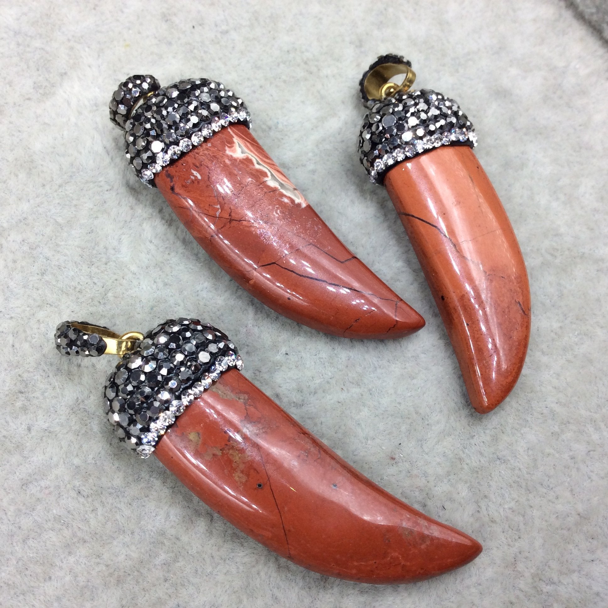 Rhinestone Encrusted Tusk/Claw Shaped Mottled Red Jasper Pendant W Rhinestone Bail  ~ 19mm x 43mm, Approx. - Sold Individually