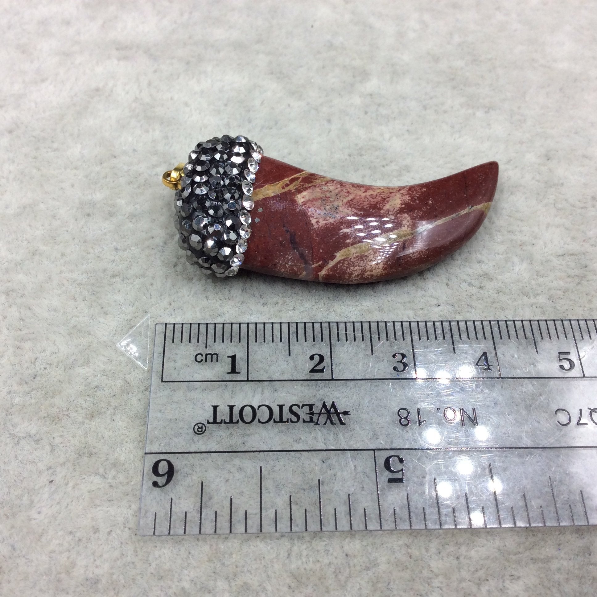 Rhinestone Encrusted Tusk/Claw Shaped Mottled Red/Cream Mookite Pendant W Gold Bail  ~ 19mm x 43mm, Approx. - Sold Individually