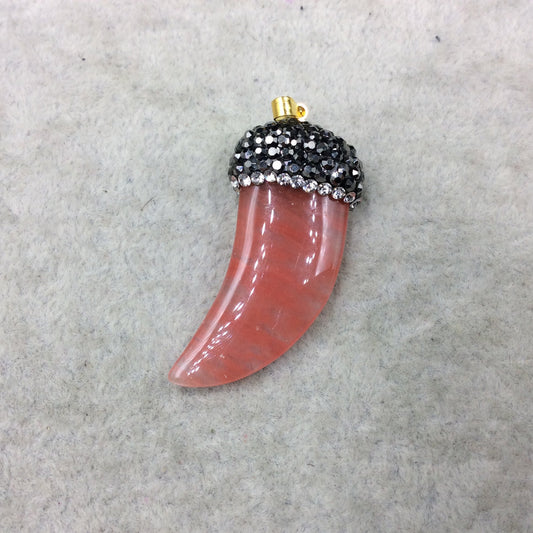 Rhinestone Encrusted Tusk/Claw Shaped Mottled Pink/Clear Strawberry Quartz Pendant W Gold Bail  ~ 19mm x 43mm, Approx. - Sold Individually