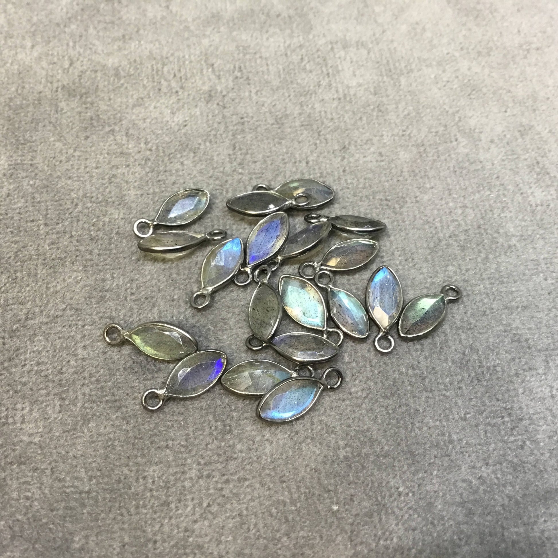 BULK PACK of Six (6) Gunmetal Sterling Silver Pointed/Cut Stone Faceted Marquise Shaped Labradorite Bezel Pendants - Measuring 4mm x 8mm