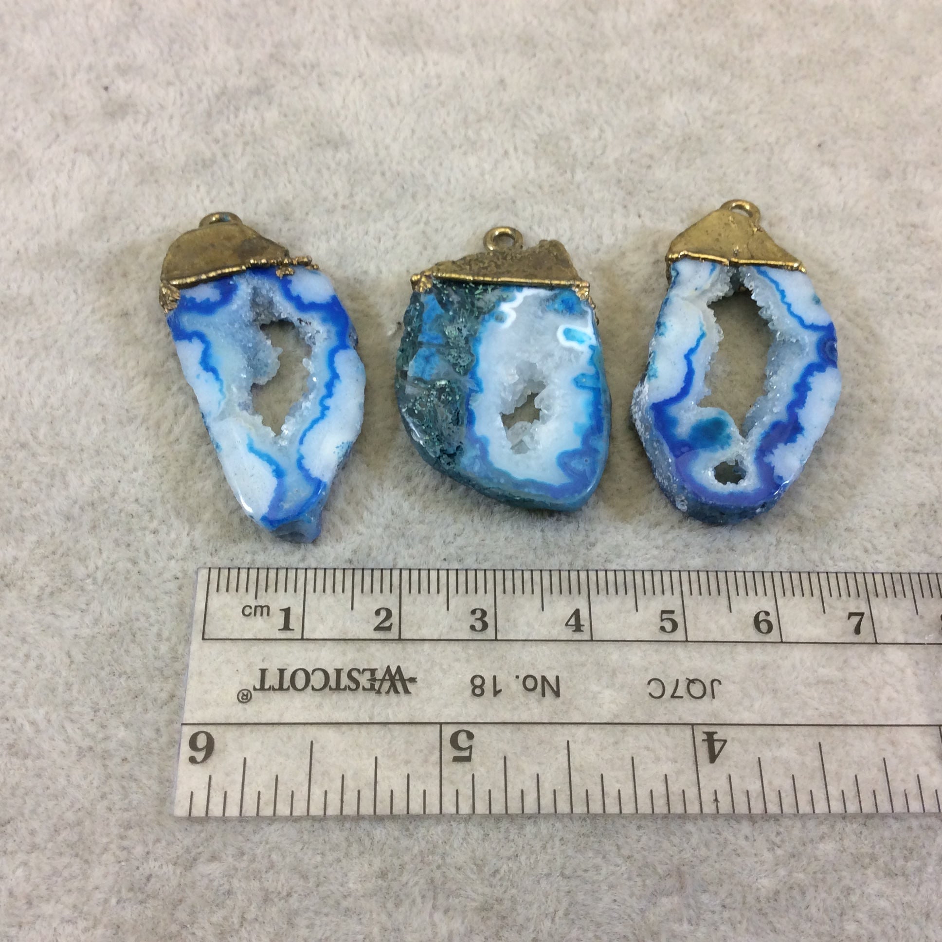 Long Rustic Brass Electroplated White/Blue/Green Druzy Solar Quartz Freeform Focal Pendant ~ 30-32mm x 20-23mm, Sold Individually, Random