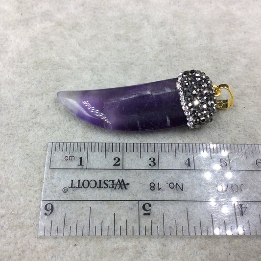 Rhinestone Encrusted Tusk/Claw Shaped Purple/Clear Colored Amethyst Pendant W Gold Bail -  ~ 19mm x 43mm, Approx. - Sold Individually