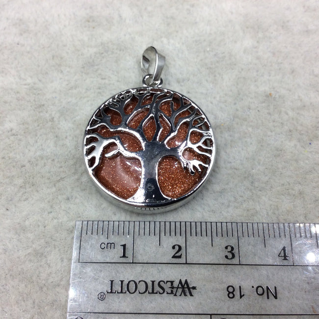 1" Silver Plated Copper Cut Out Tree Focal Bezel Pendant with Goldstone - Measures 26mm x 26mm - Sold Individually, Chosen at Random