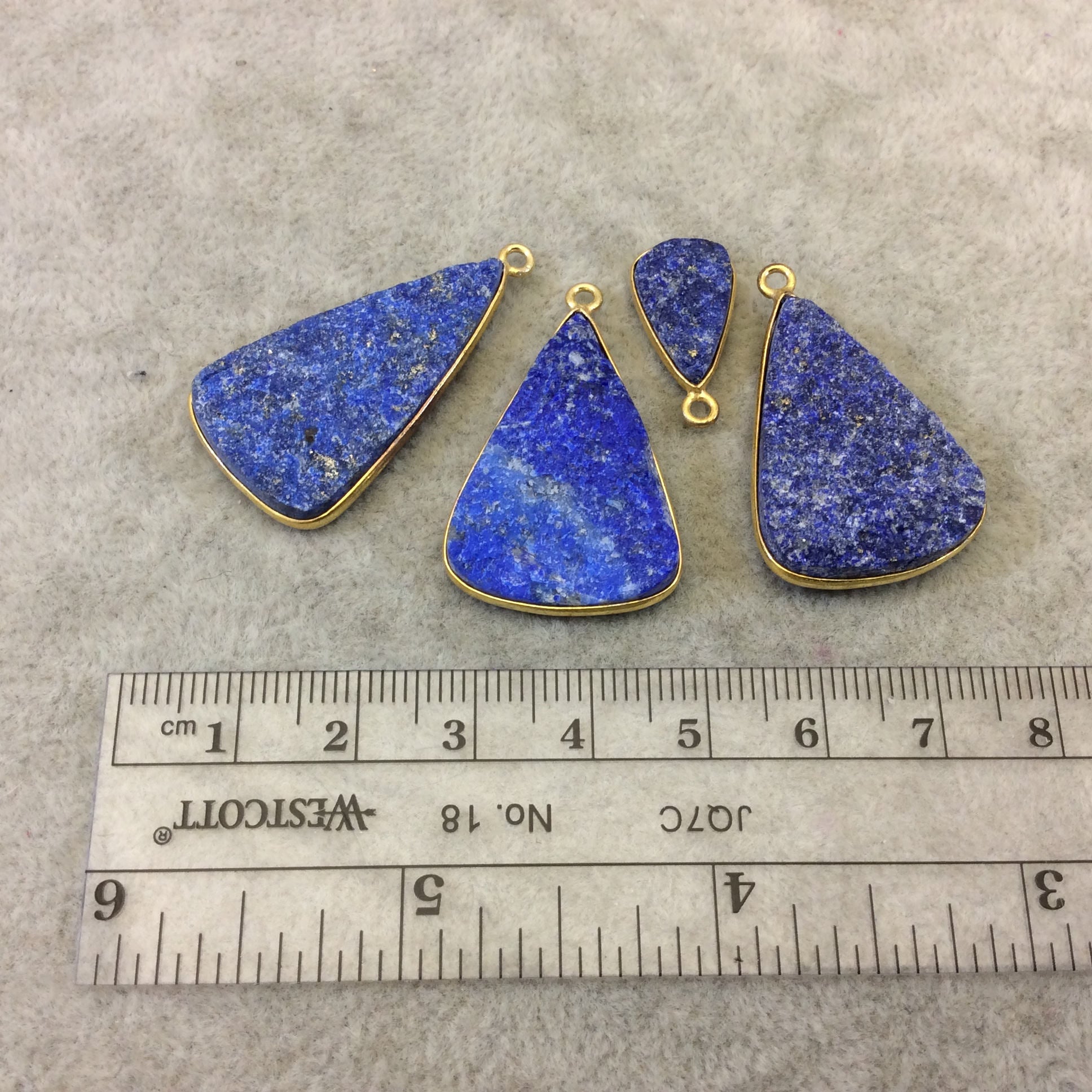 Jeweler's Lot Gold Plated Four Natural Rough/Raw Lapis Lazuli Triangle Shaped Bezel Pendants "RLL08" ~ 15-32mm Long - Semi-Precious Gem