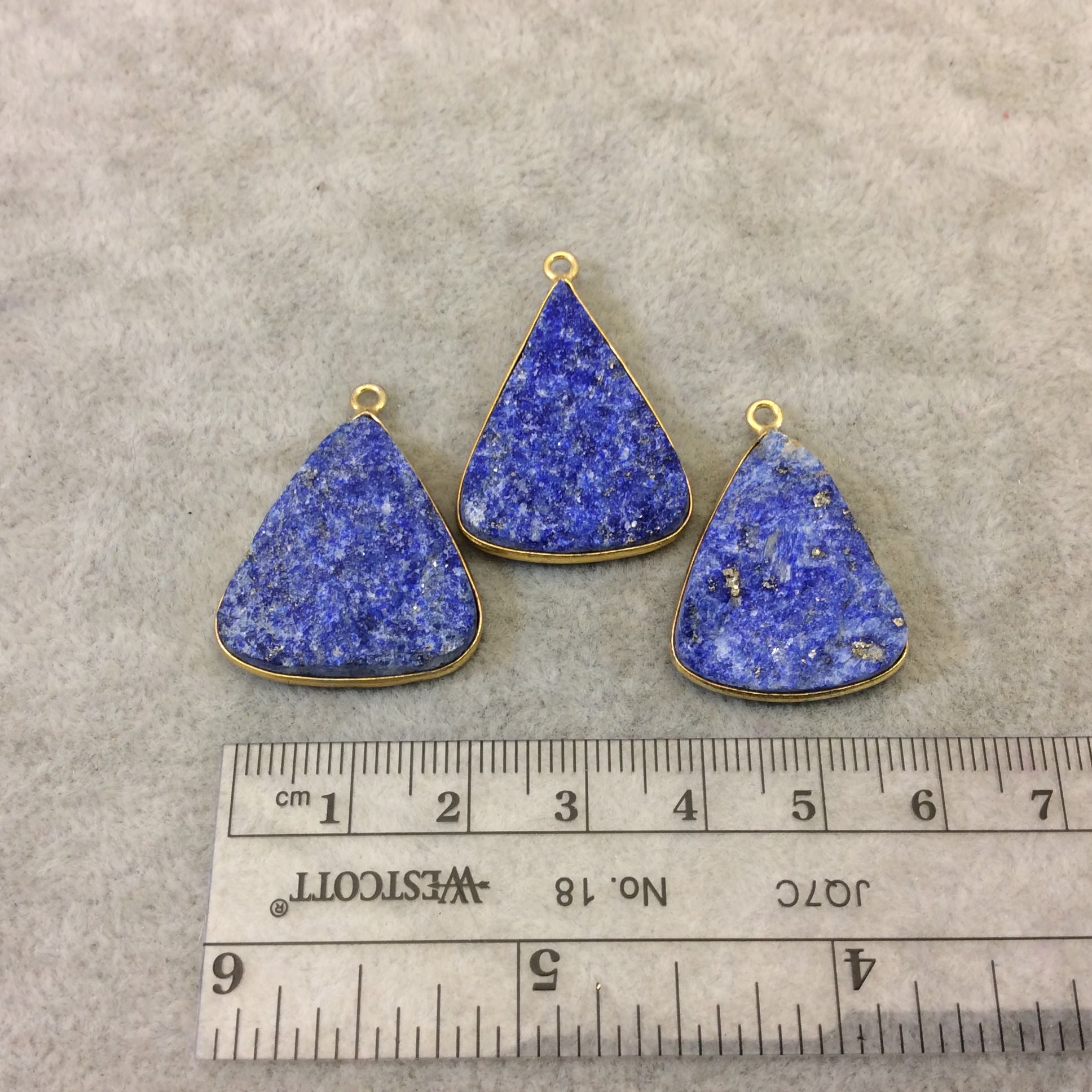 Jeweler's Lot Gold Plated Three Natural Rough/Raw Lapis Lazuli Triangle Shaped Bezel Pendants "RLL06" ~ 25-33mm Long - Semi-Precious Gem
