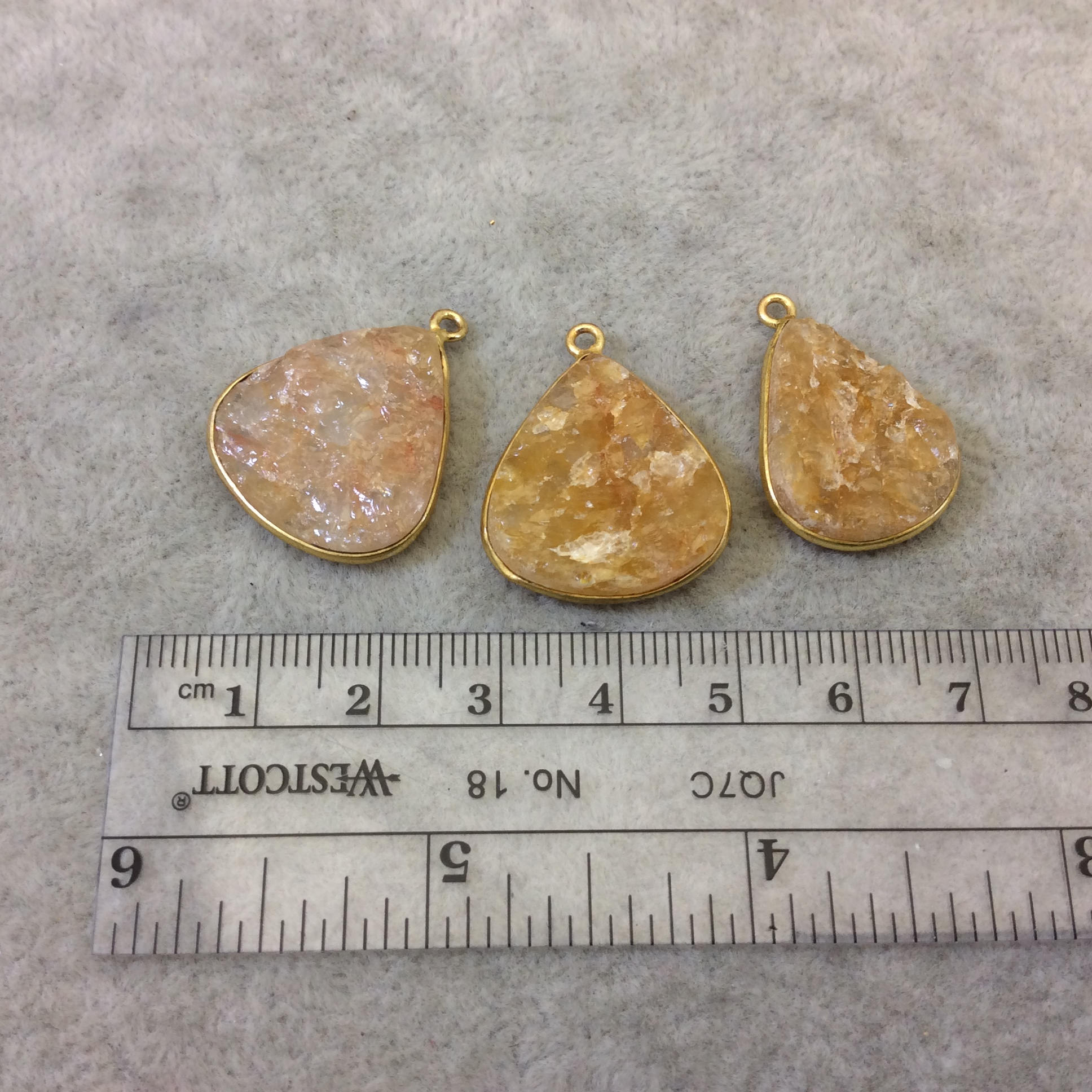 Jeweler's Lot Gold Plated Natural Raw Citrine - Three Flat Back Free Form Copper Bezel Pendants "RCT06" - 22mm-23mm Long - Sold As Shown!