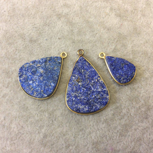 Jeweler's Lot Gold Plated Three Natural Rough/Raw Lapis Lazuli Teardrop Shaped Bezel Pendants "RLL19" ~ 18-30mm Long - Semi-Precious Gem