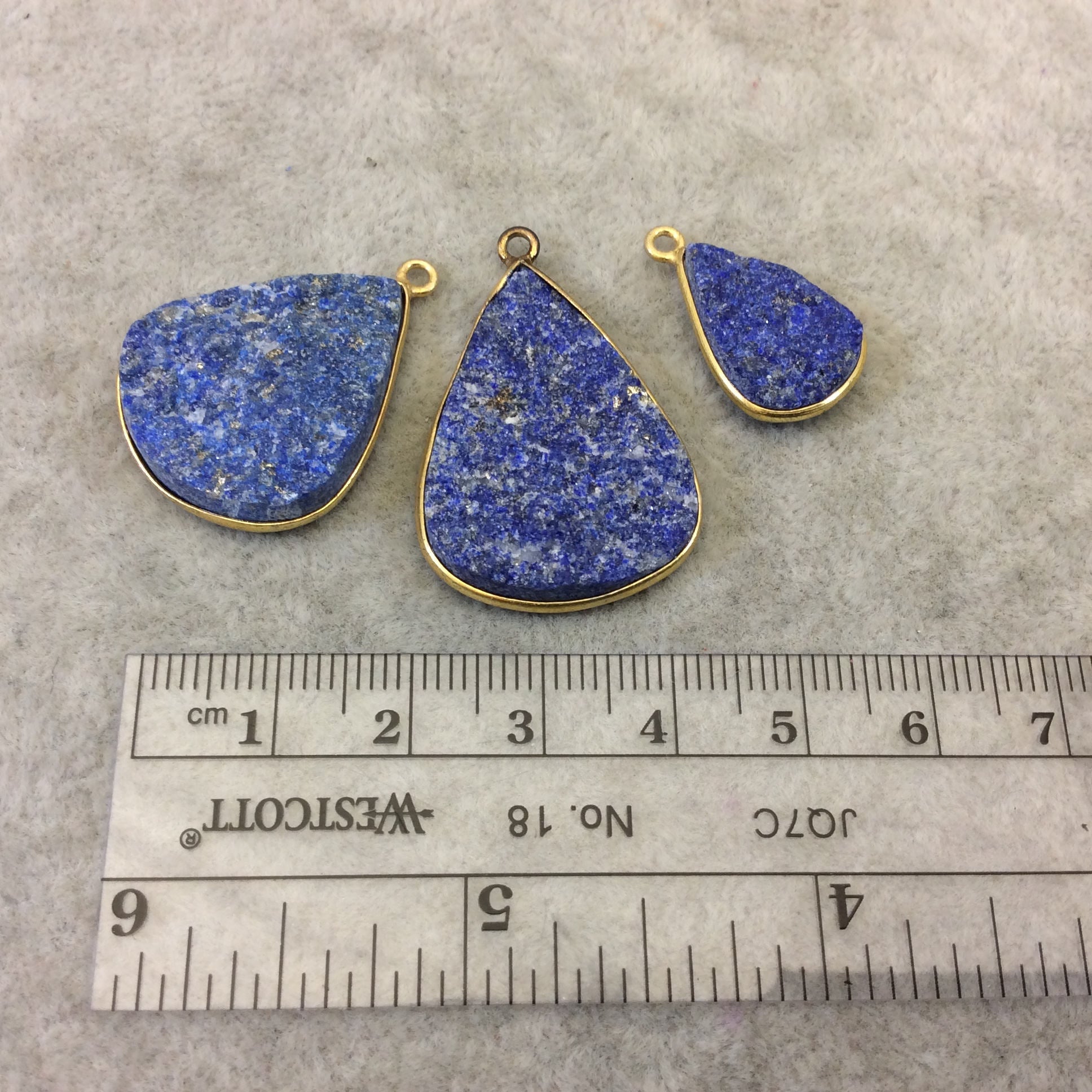 Jeweler's Lot Gold Plated Three Natural Rough/Raw Lapis Lazuli Teardrop Shaped Bezel Pendants "RLL19" ~ 18-30mm Long - Semi-Precious Gem