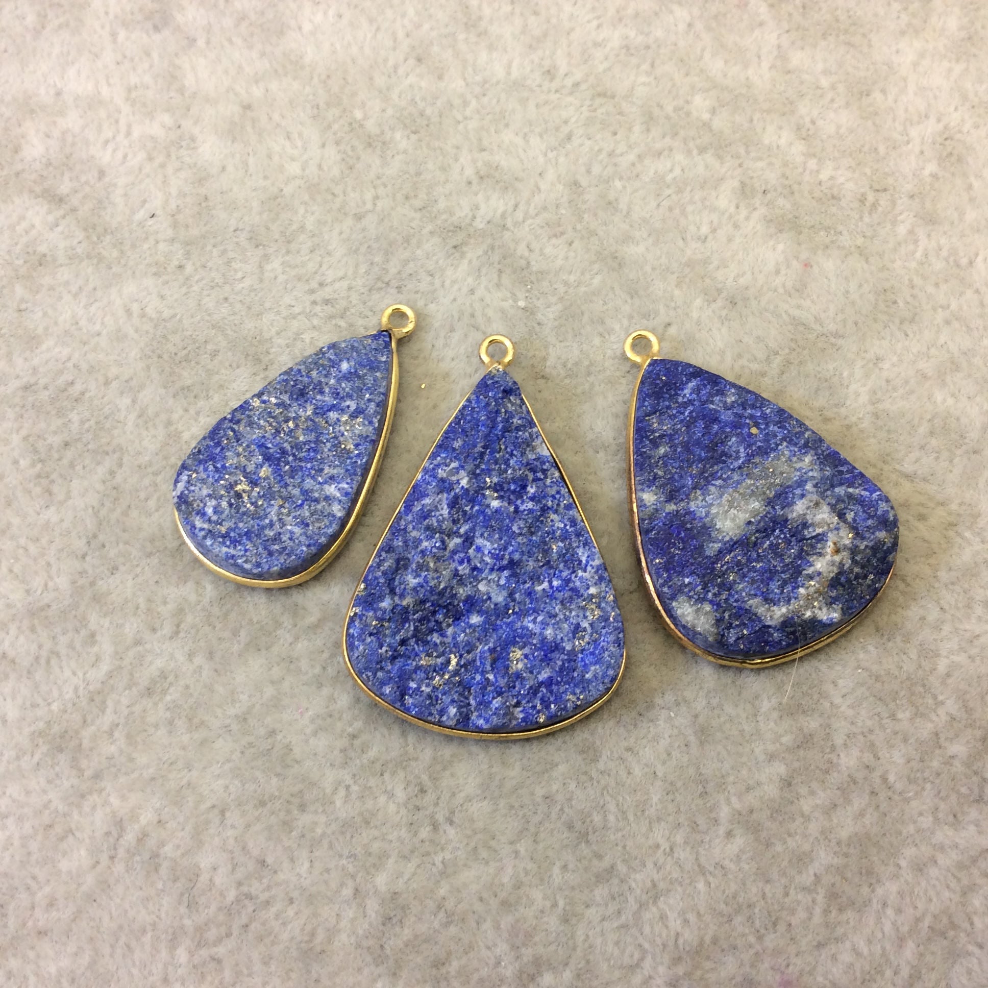 Jeweler's Lot Gold Plated Three Natural Rough/Raw Lapis Lazuli Teardrop Shaped Bezel Pendants "RLL14" ~ 30-35mm Long - Semi-Precious Gem