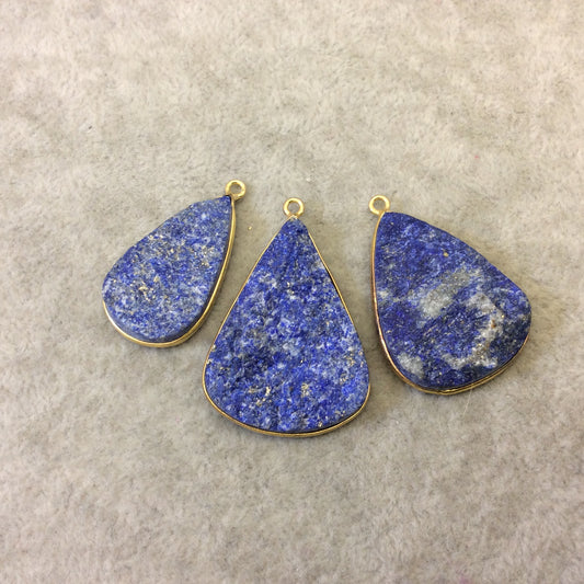Jeweler's Lot Gold Plated Three Natural Rough/Raw Lapis Lazuli Teardrop Shaped Bezel Pendants "RLL14" ~ 30-35mm Long - Semi-Precious Gem