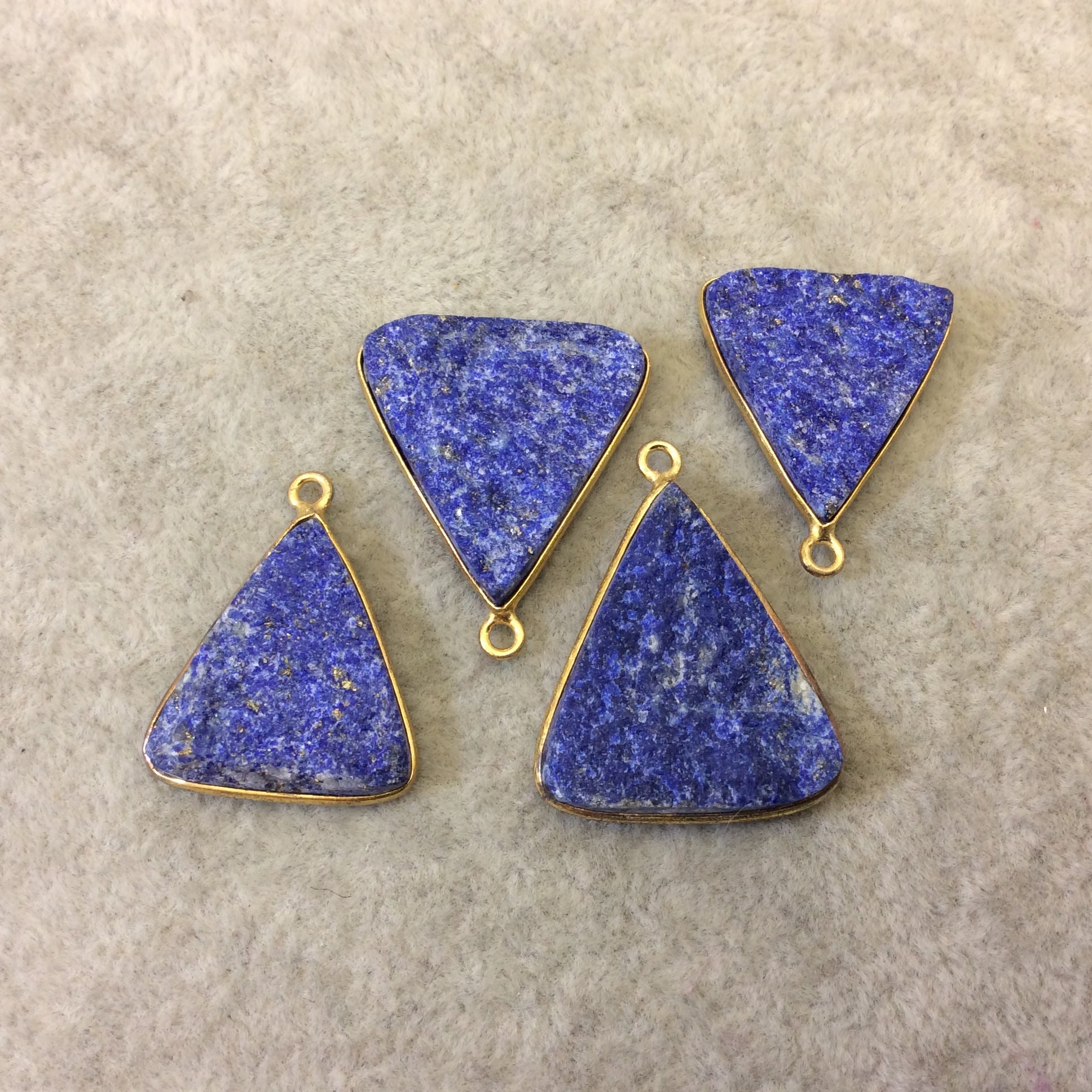 Jeweler's Lot Gold Plated Four Natural Rough/Raw Lapis Lazuli Triangle Shaped Bezel Pendants "RLL07" ~ 20-25mm Long - Semi-Precious Gem