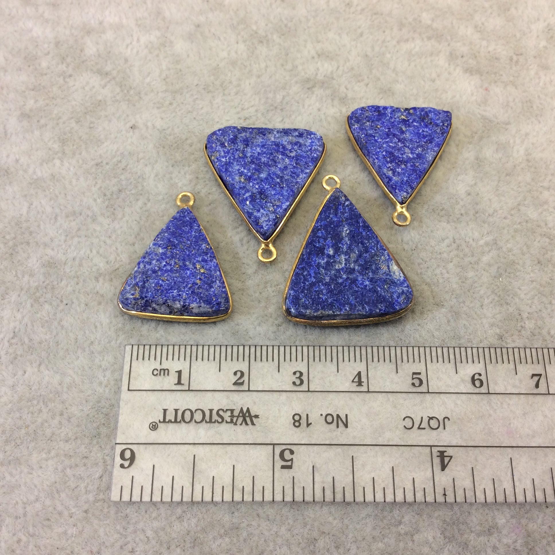 Jeweler's Lot Gold Plated Four Natural Rough/Raw Lapis Lazuli Triangle Shaped Bezel Pendants "RLL07" ~ 20-25mm Long - Semi-Precious Gem
