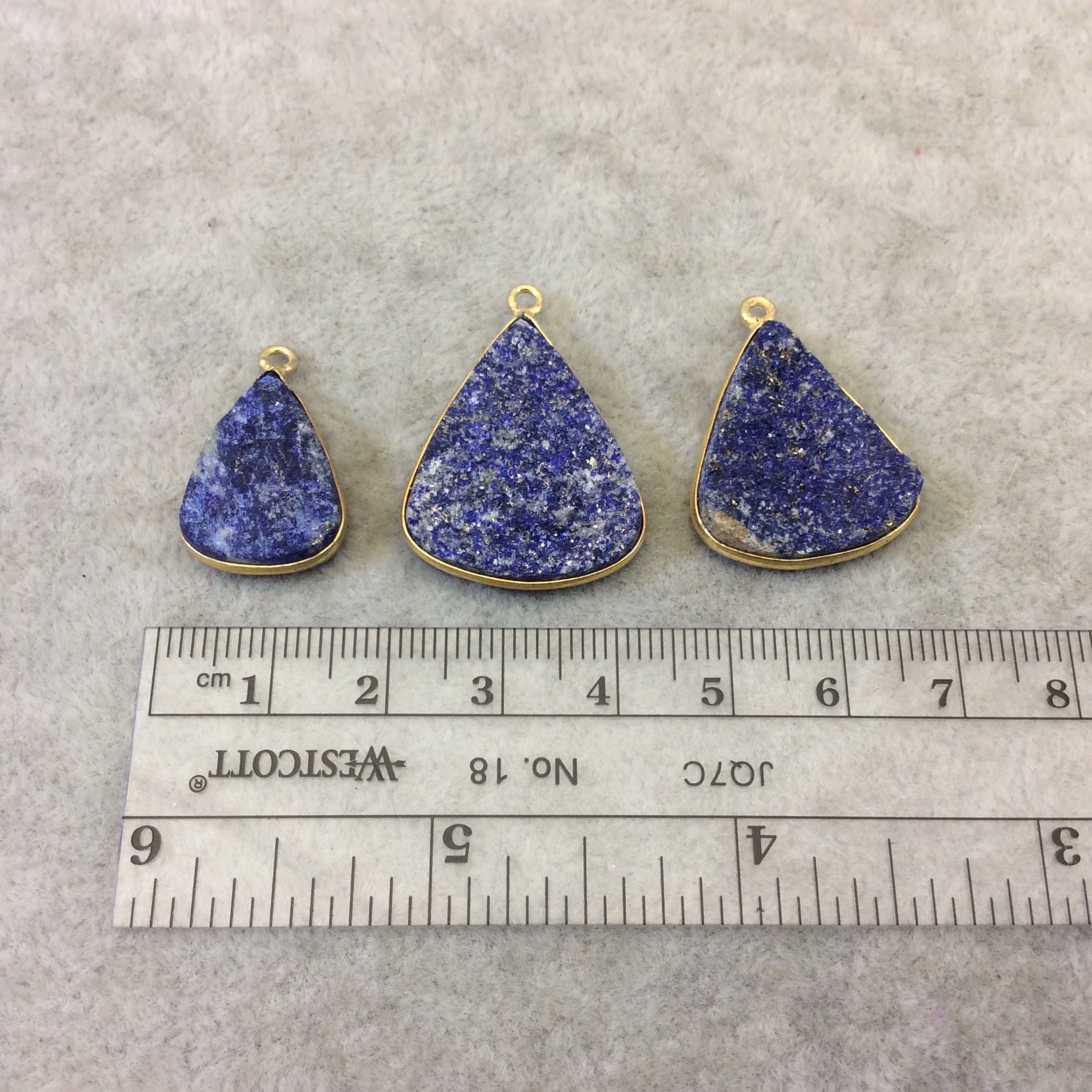 Jeweler's Lot Gold Plated Three Natural Rough/Raw Lapis Lazuli Triangle Shaped Bezel Pendants "RLL04" ~ 20-27mm Long - Semi-Precious Gem