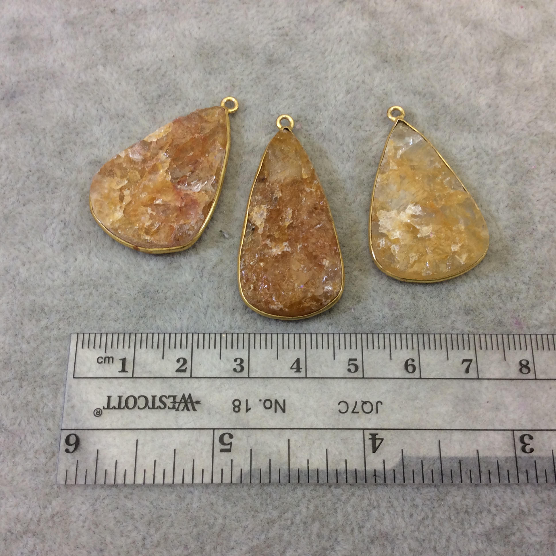 Jeweler's Lot Gold Plated Natural Raw Citrine - Three Flat Back Free Form Copper Bezel Pendants "RCT07" - 32-37mm Long - Sold As Shown!